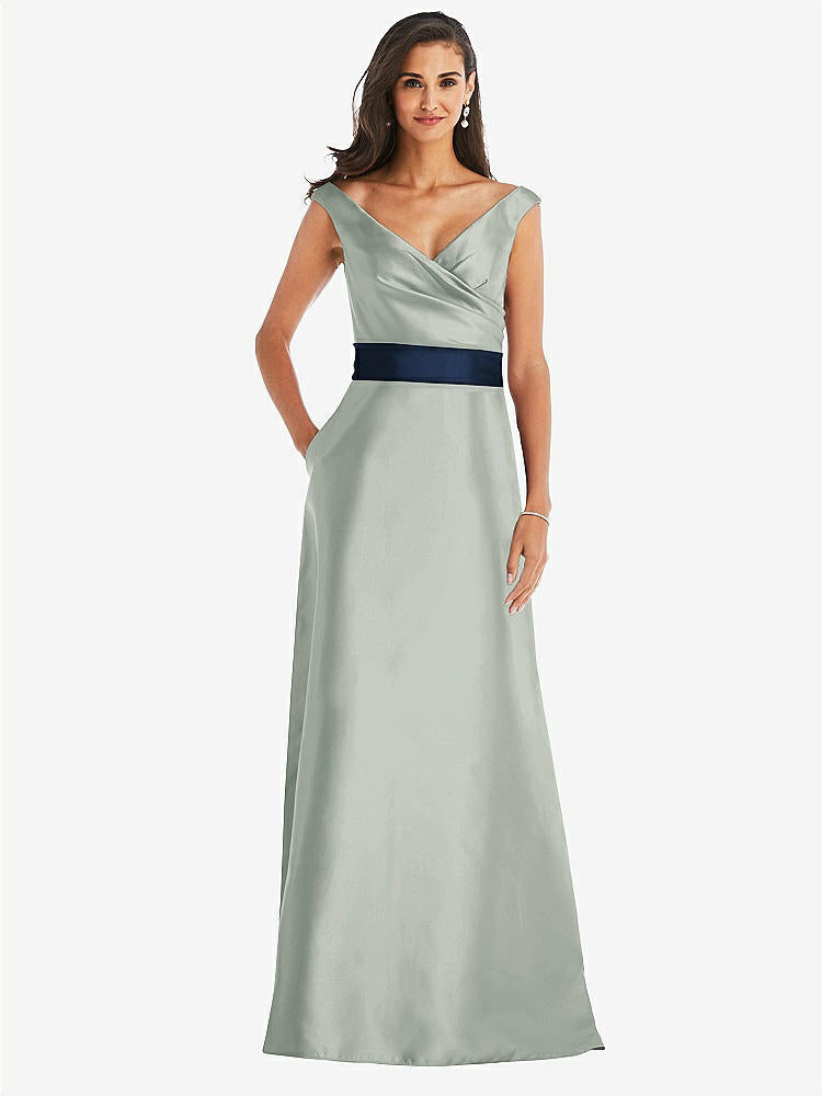 【STYLE: D811】オフショルダー ドレープ ラップ サテン マキシ ドレス - ウィローグリーン & ミッドナイトネイビー 背面