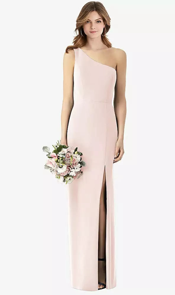 【STYLE: TH087】One-Shoulder Crepe Trumpet Gown with Front Slit【COLOR: Atlantic Blue】