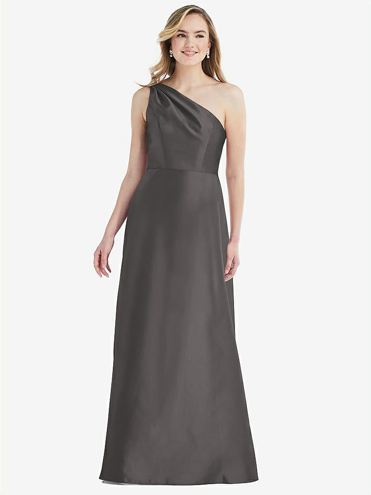 【STYLE: D821】プリーツ ドレープ ワンショルダー サテン マキシ ドレス - キャビアグレー 背面