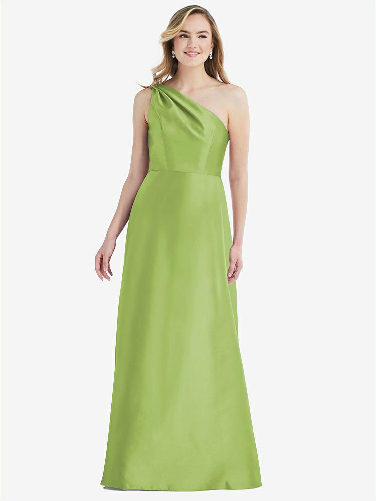 【STYLE: D821】プリーツ ドレープ ワンショルダー サテン マキシ ドレス - モヒート 背面