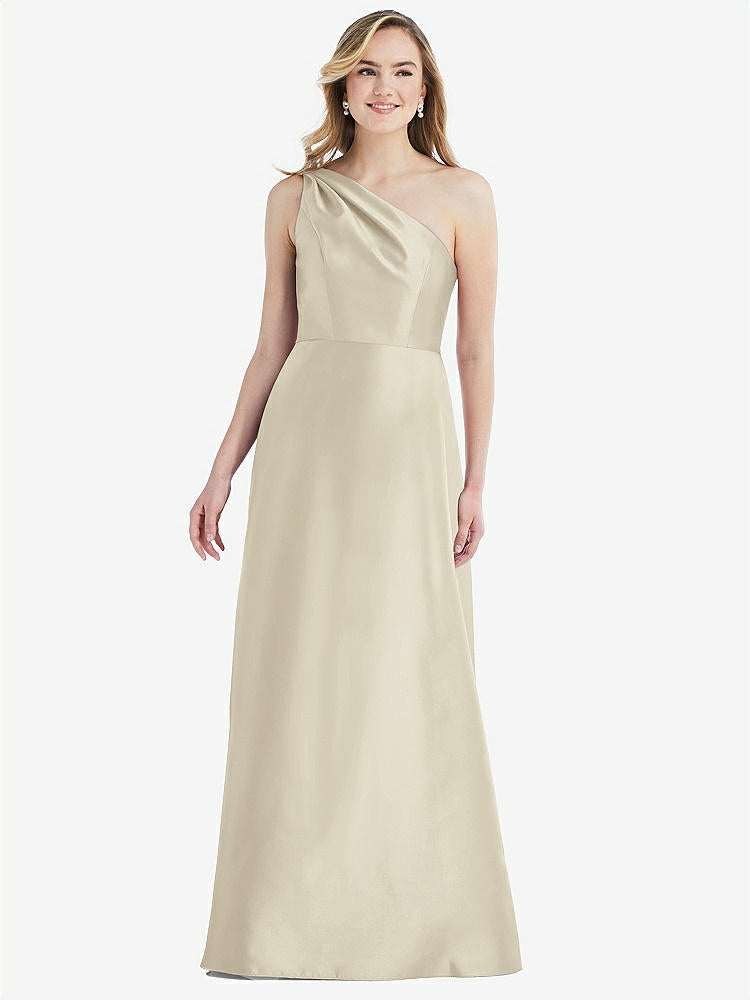 【STYLE: D821】プリーツ ドレープ ワンショルダー サテン マキシ ドレス - シャンパン 背面