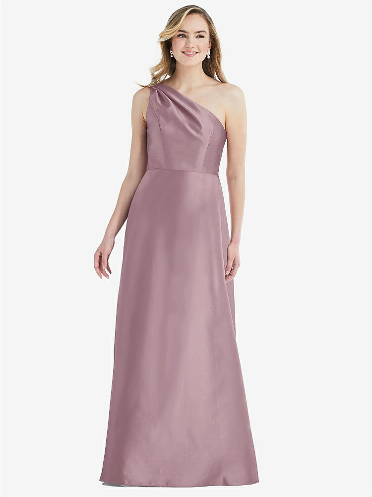 【STYLE: D821】プリーツ ドレープ ワンショルダー サテン マキシ ドレス - ダスティローズ 背面