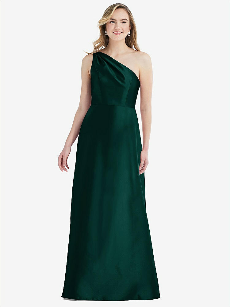 【STYLE: D821】プリーツ ドレープ ワンショルダー サテン マキシ ドレス - エバーグリーン 背面