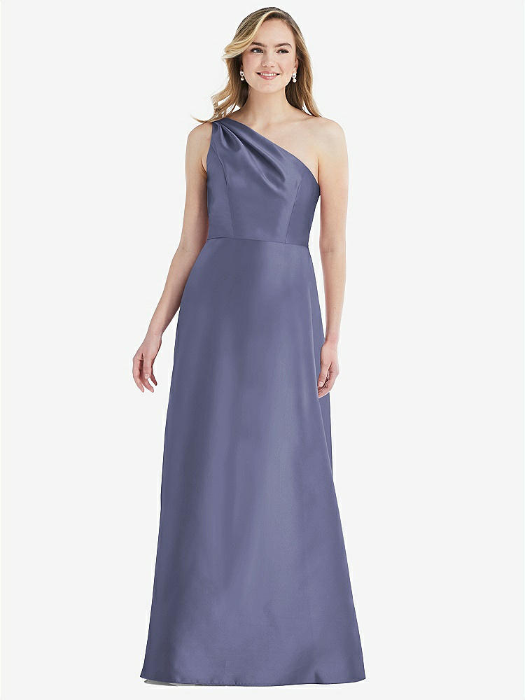 【STYLE: D821】プリーツ ドレープ ワンショルダー サテン マキシ ドレス - フレンチブルー 背面