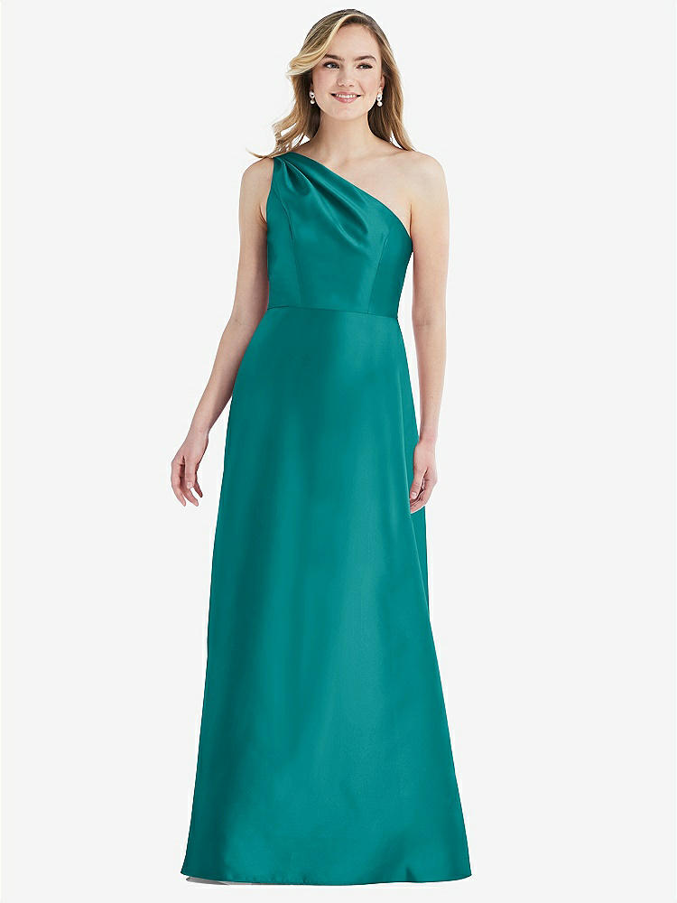 【STYLE: D821】プリーツ ドレープ ワンショルダー サテン マキシ ドレス - ジェイド 背面