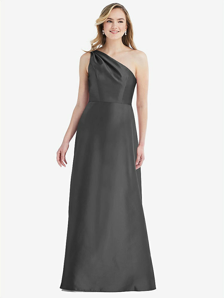 【STYLE: D821】プリーツ ドレープ ワンショルダー サテン マキシ ドレス - ピューター 背面