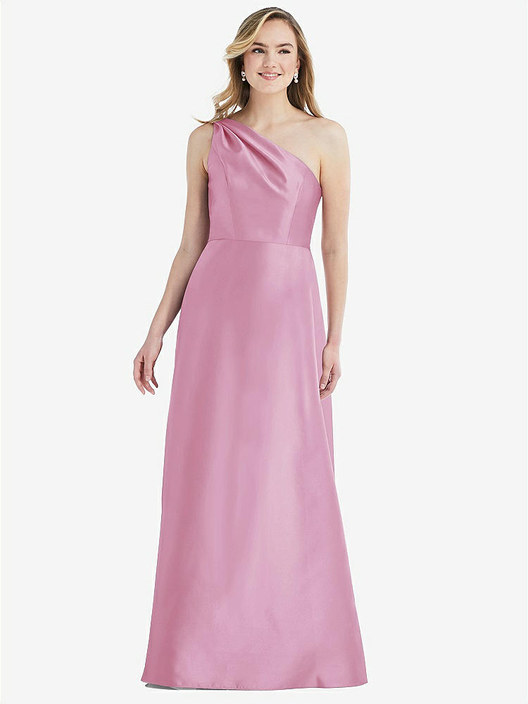 【STYLE: D821】プリーツ ドレープ ワンショルダー サテン マキシ ドレス - パウダーピンク 背面