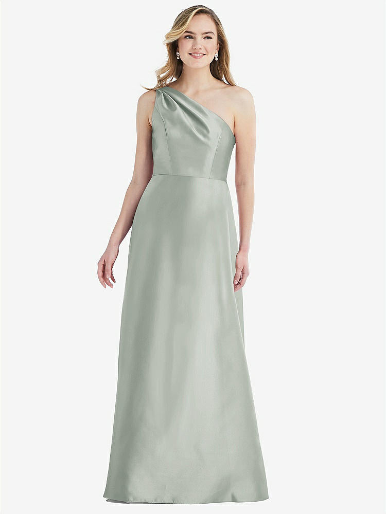 【STYLE: D821】プリーツ ドレープ ワンショルダー サテン マキシ ドレス - ウィローグリーン 背面