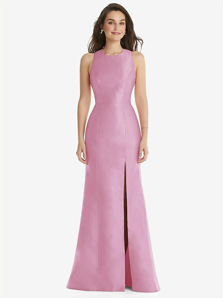 【STYLE: D824】オープンバック スリット トランペットドレス - パウダーピンク 背面