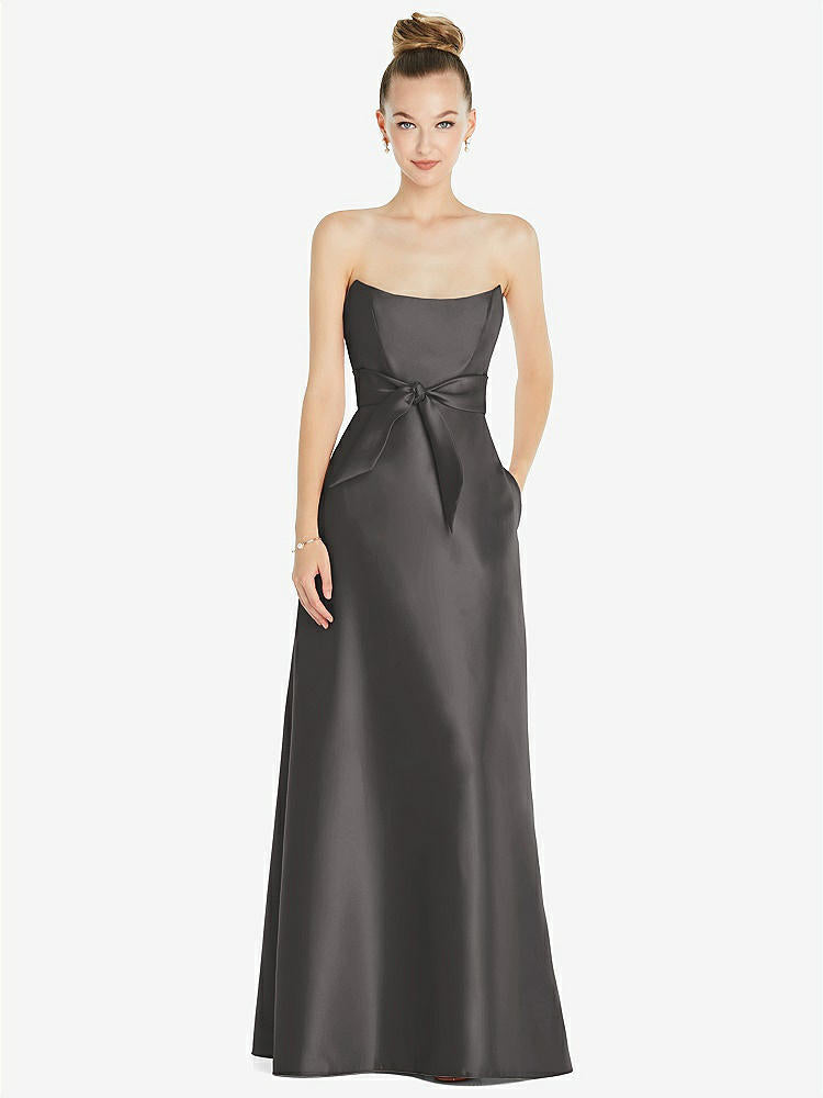 【STYLE: D828】バスクネック ストラップレス サテンドレス - キャビアグレー 背面