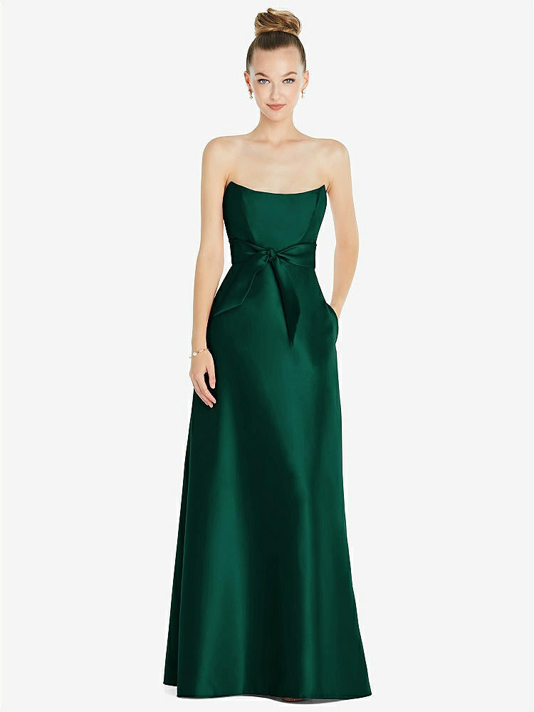 【STYLE: D828】バスクネック ストラップレス サテンドレス - ハンターグリーン 背面