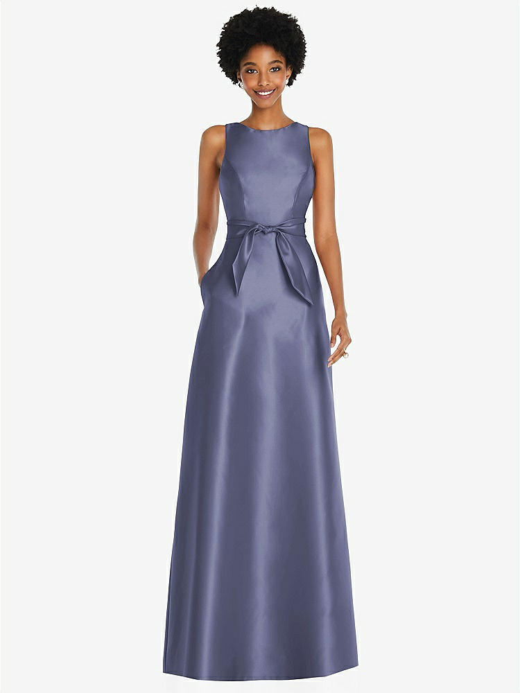 【STYLE: D825】宝石ネック Vバック マキシ丈ドレス - フレンチブルー 背面