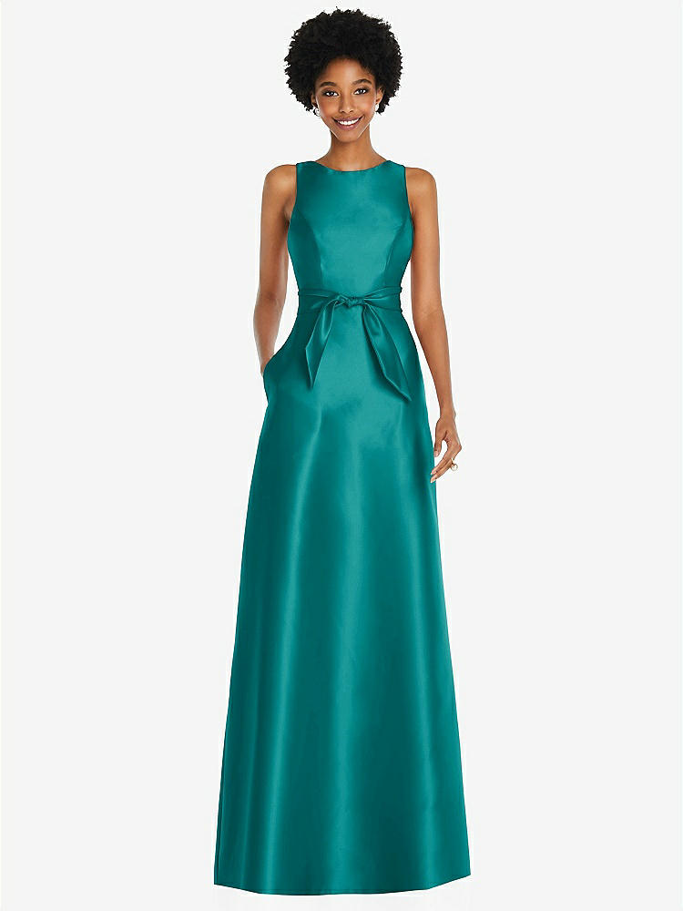 【STYLE: D825】宝石ネック Vバック マキシ丈ドレス - ジェード 背面