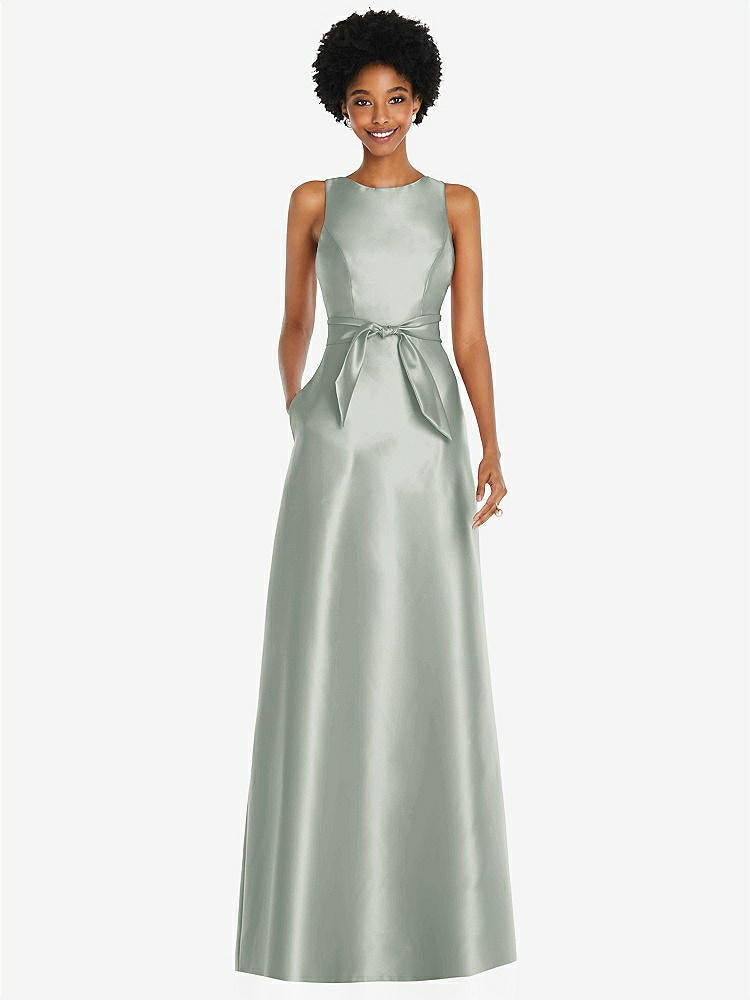 【STYLE: D825】宝石ネック Vバック マキシ丈ドレス - ウィローグリーン 背面