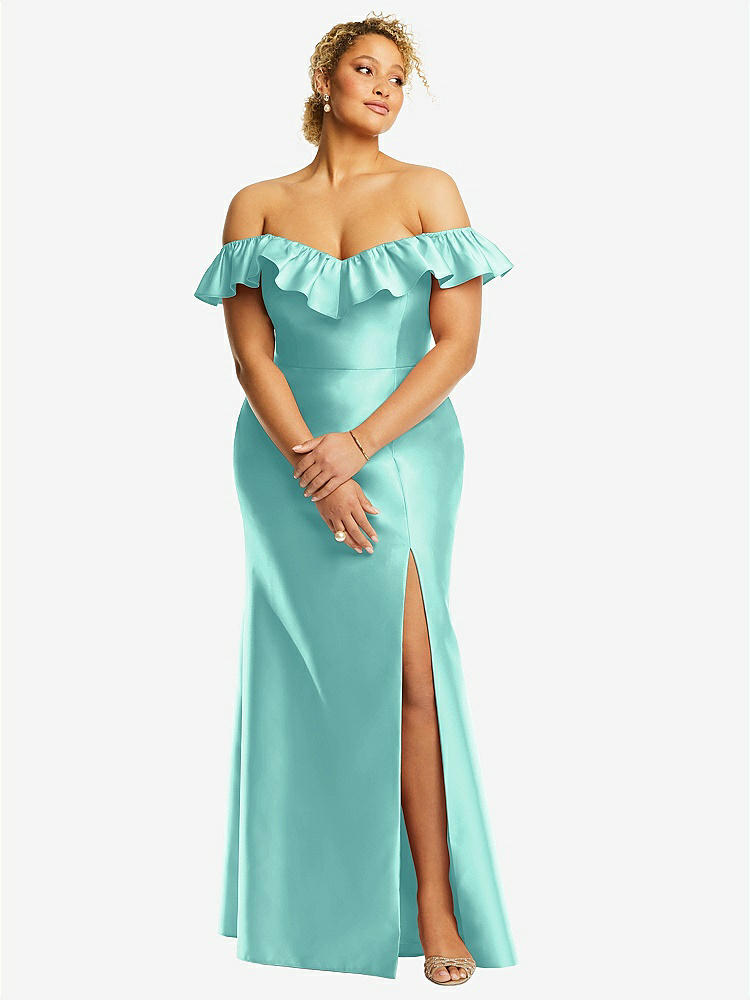 【STYLE: D836】サテン フリルオフショルダー トランペット ドレス - コースタル 背面