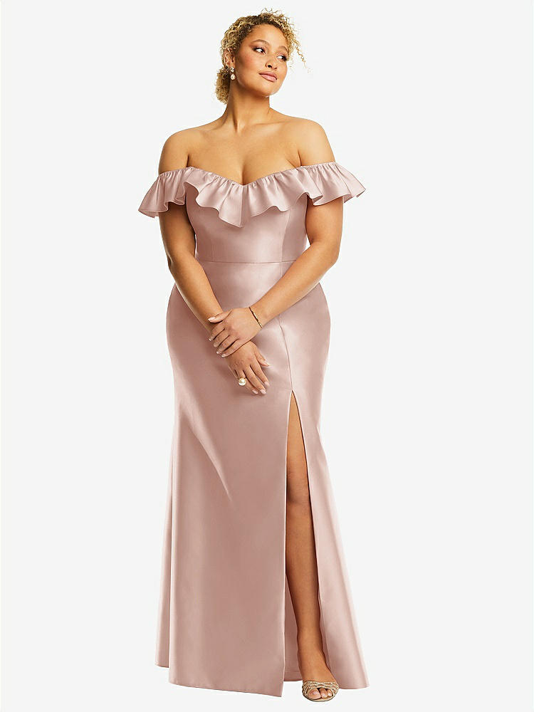 【STYLE: D836】サテン フリルオフショルダー トランペット ドレス - トーステッド シュガー 背面