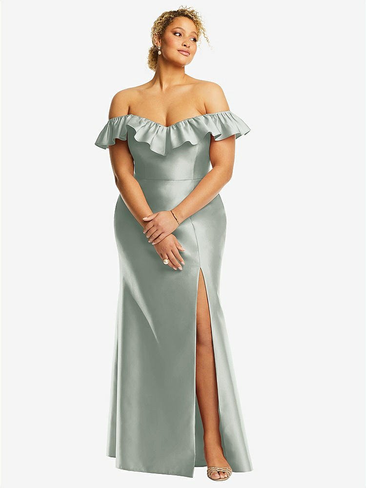 【STYLE: D836】サテン フリルオフショルダー トランペット ドレス - ウィロー グリーン 背面