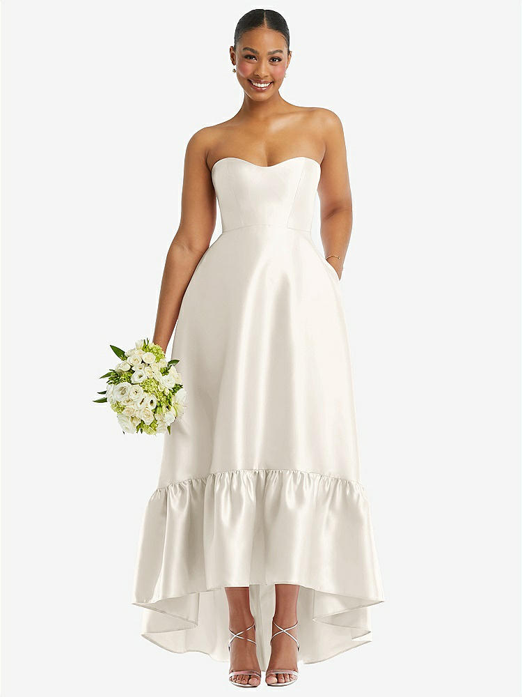 【STYLE: D838】ストラップレス サテン 高低フリルヘムドレス - アイボリー 背面