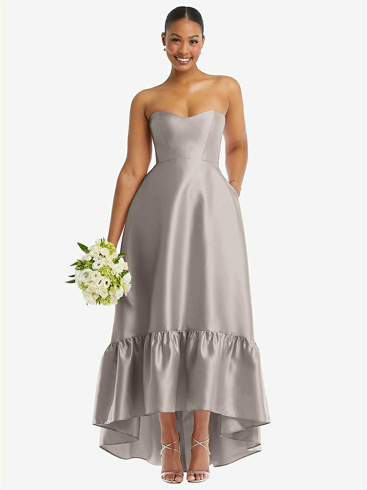 【STYLE: D838】ストラップレス サテン 高低フリルヘムドレス - トープ 背面