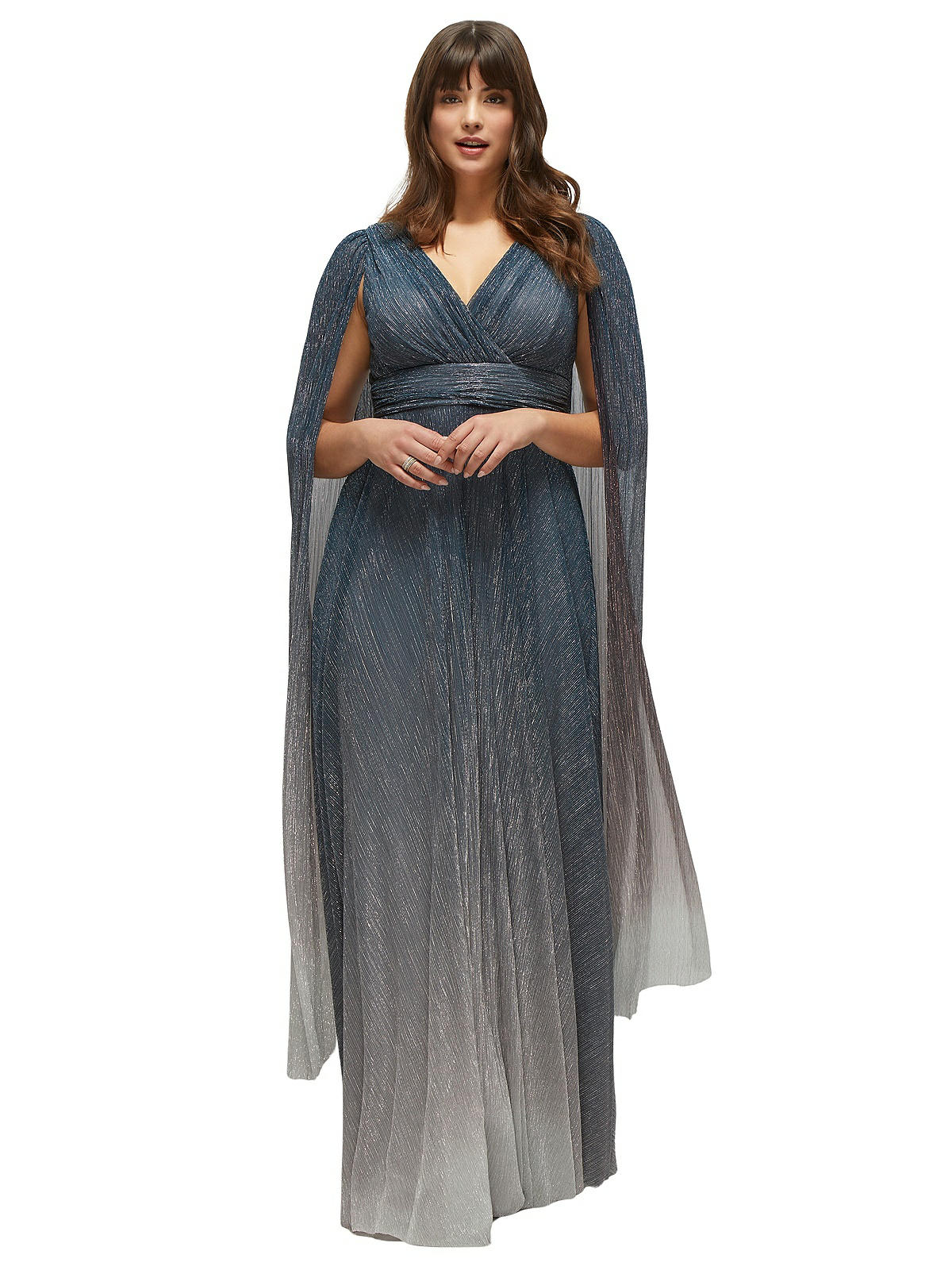 Streamer Sleeve Ombre Pleated Metallic Maxi Dress in Plum Noir - cosmic blue Front
