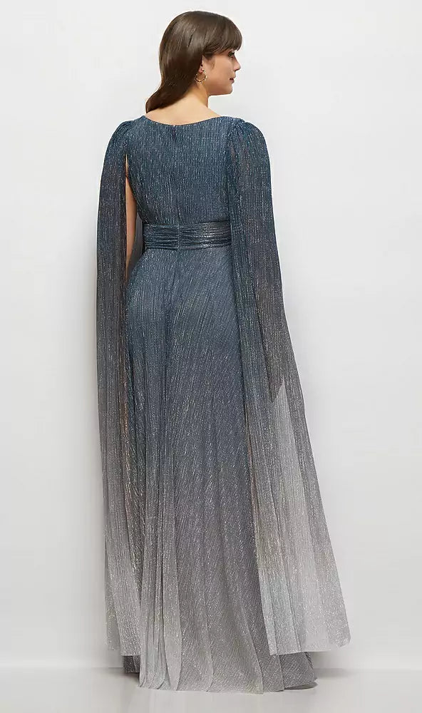 【6896OMB】ストリーマー・スリーブ グラデーションプリーツ メタリックマキシドレス