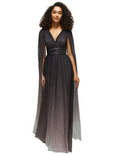 Streamer Sleeve Ombre Pleated Metallic Maxi Dress in Plum Noir - plum noir Front