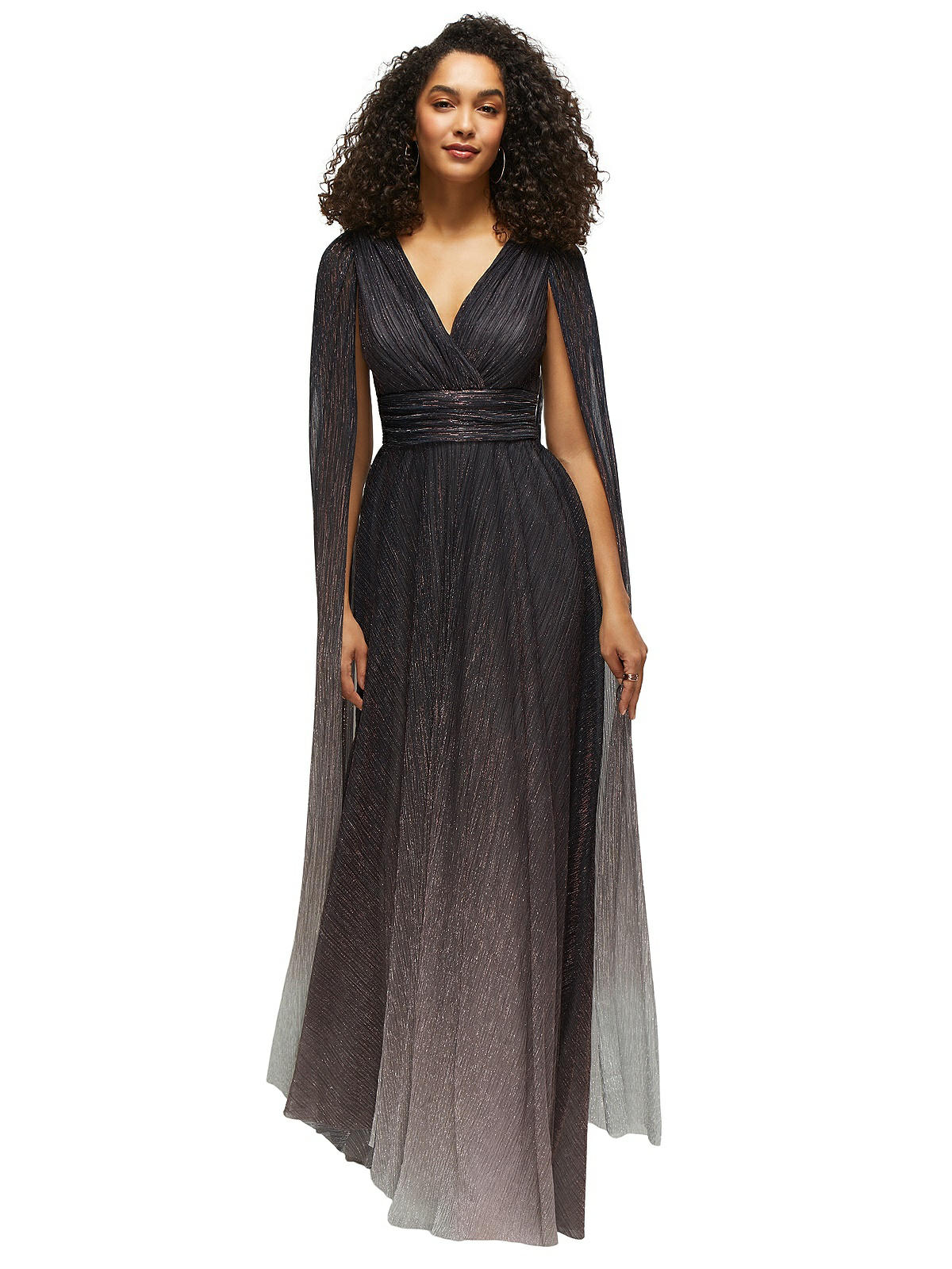 Streamer Sleeve Ombre Pleated Metallic Maxi Dress in Plum Noir - plum noir Front
