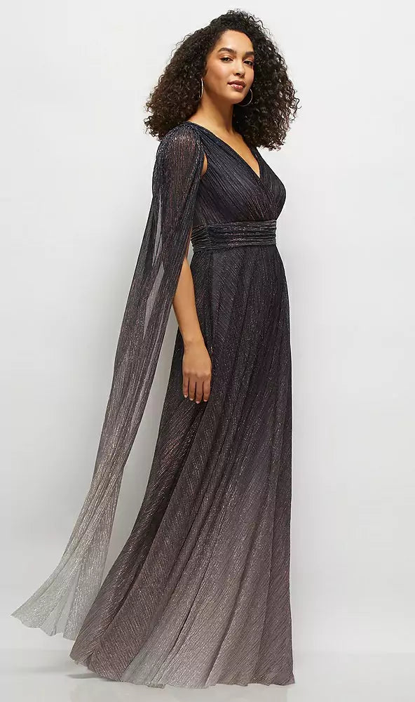 【6896OMB】ストリーマー・スリーブ グラデーションプリーツ メタリックマキシドレス