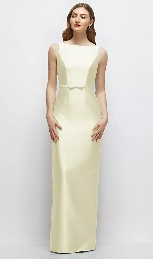 【D881】 ボートネックのサテンコラムドレス、リボン飾りのスキニーベルト - butter yellow