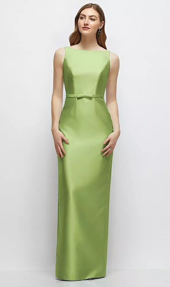 【D881】 ボートネックのサテンコラムドレス、リボン飾りのスキニーベルト