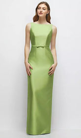 【D881】 ボートネックのサテンコラムドレス、リボン飾りのスキニーベルト - mojito