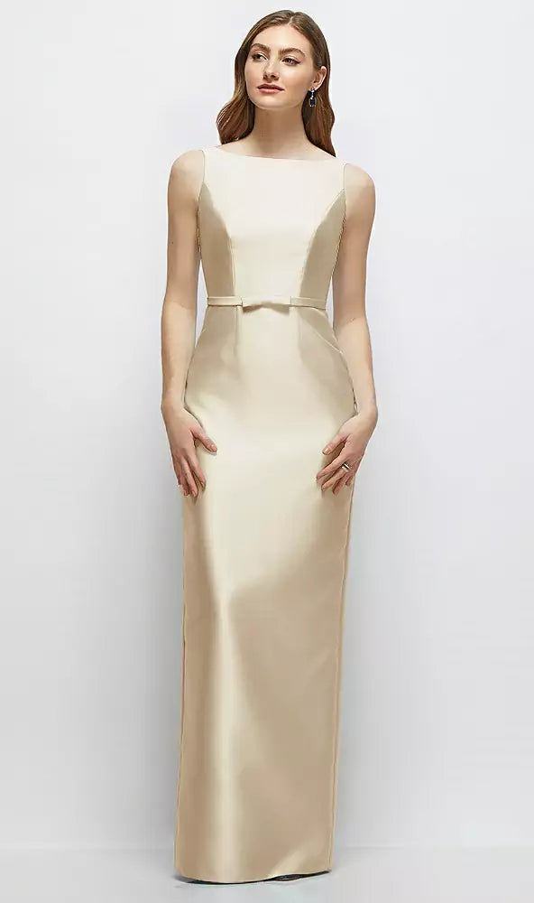 【D881】 ボートネックのサテンコラムドレス、リボン飾りのスキニーベルト