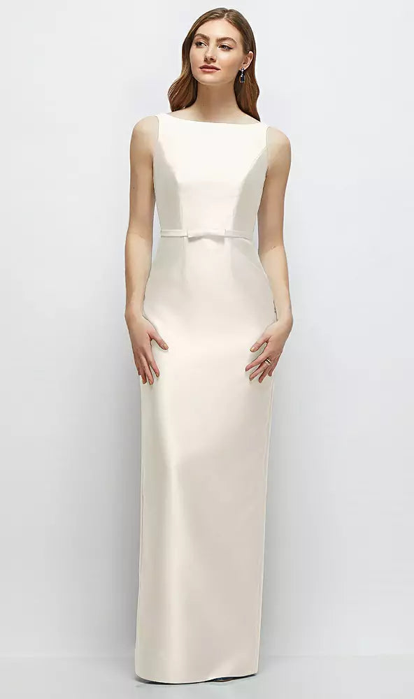 【D881】 ボートネックのサテンコラムドレス、リボン飾りのスキニーベルト