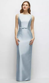 【D881】 ボートネックのサテンコラムドレス、リボン飾りのスキニーベルト - mist