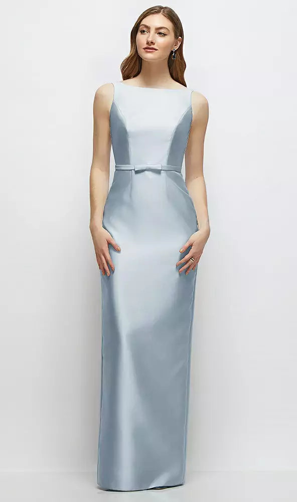 【D881】 ボートネックのサテンコラムドレス、リボン飾りのスキニーベルト - mist
