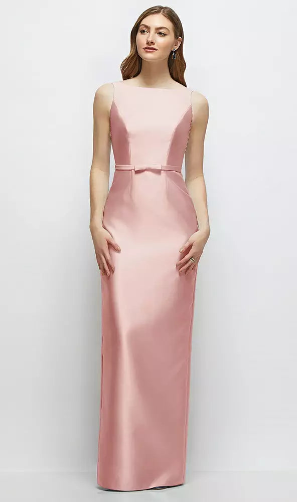 【D881】 ボートネックのサテンコラムドレス、リボン飾りのスキニーベルト - rose