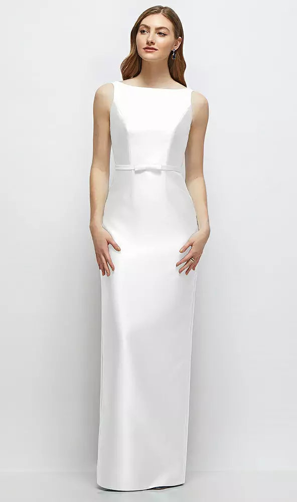 【D881】 ボートネックのサテンコラムドレス、リボン飾りのスキニーベルト - white