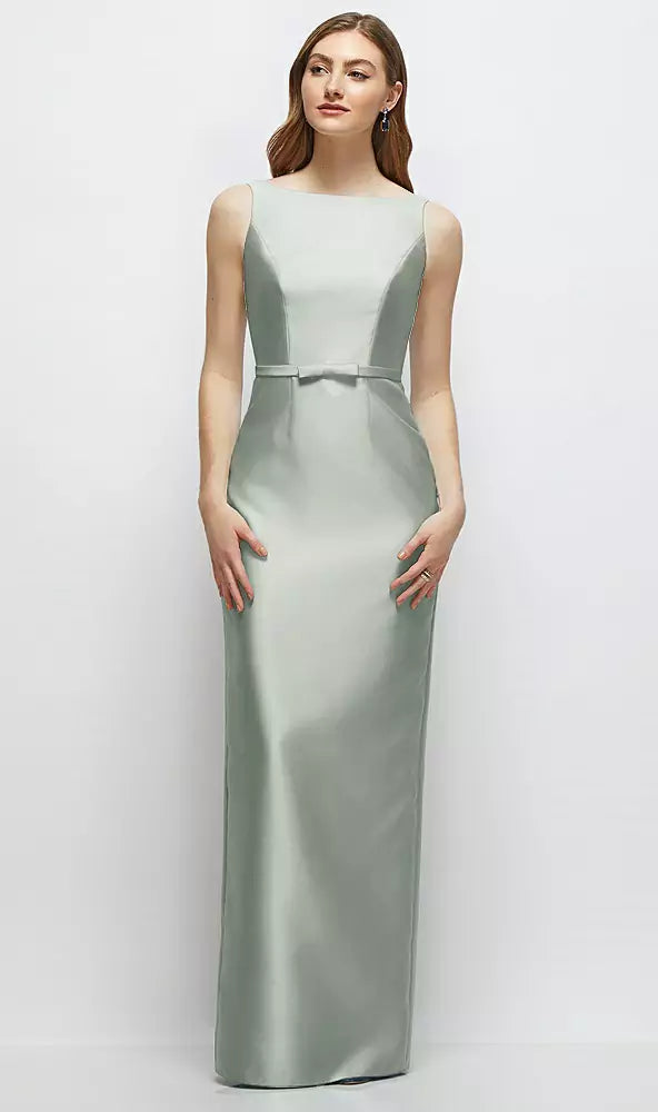 【D881】 ボートネックのサテンコラムドレス、リボン飾りのスキニーベルト - willow green