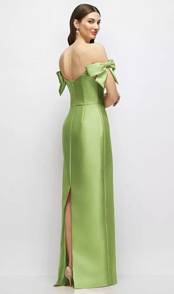 【D883】 シルバードーブのオフショルダーボウが付いたバスクネックのサテンコラムマキシドレス - mojito Satin Twill Back View