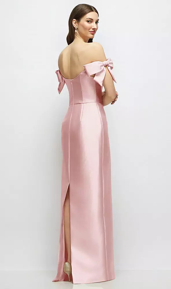 【D883】 シルバードーブのオフショルダーボウが付いたバスクネックのサテンコラムマキシドレス - ballet pink Satin Twill Back View