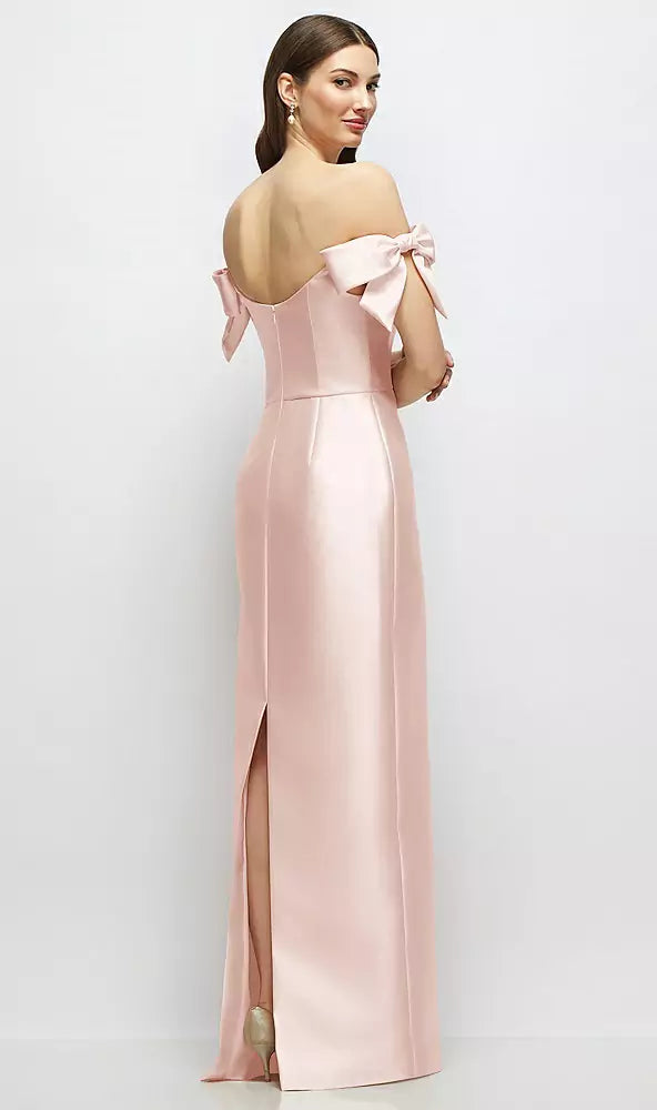 【D883】 シルバードーブのオフショルダーボウが付いたバスクネックのサテンコラムマキシドレス - blush Satin Twill Back View