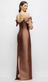 【D883】 シルバードーブのオフショルダーボウが付いたバスクネックのサテンコラムマキシドレス - cognac Satin Twill Back View