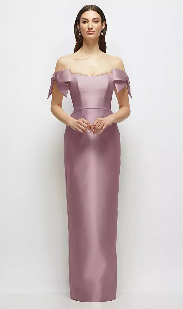 【D883】 シルバードーブのオフショルダーボウが付いたバスクネックのサテンコラムマキシドレス