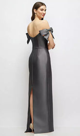【D883】 シルバードーブのオフショルダーボウが付いたバスクネックのサテンコラムマキシドレス - gunmetal Satin Twill Back View