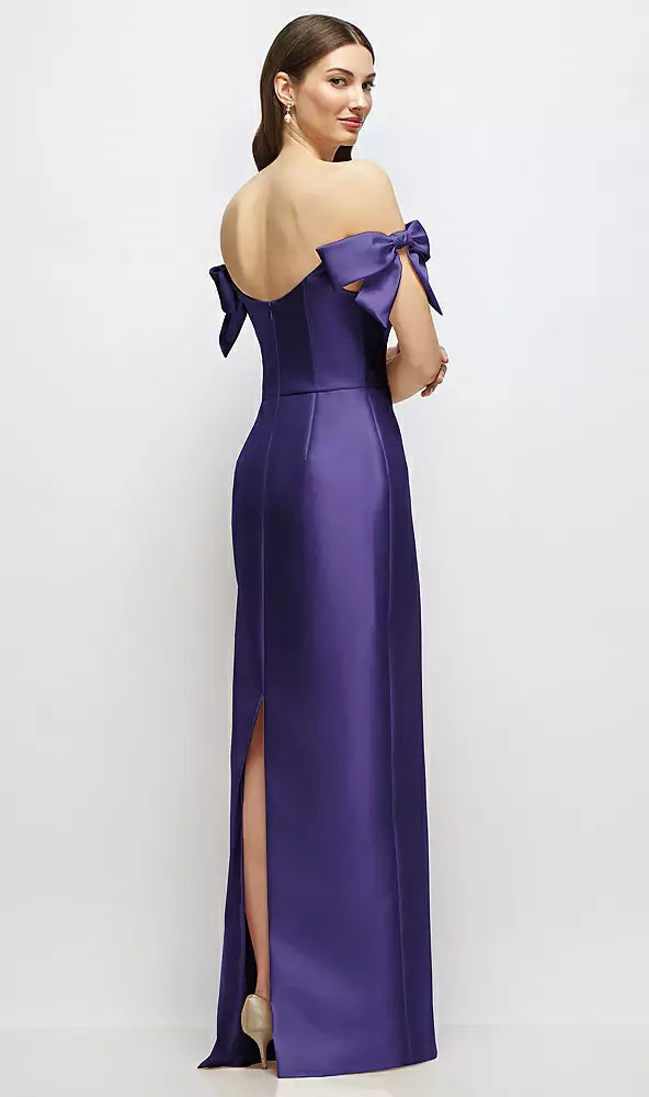 【D883】 シルバードーブのオフショルダーボウが付いたバスクネックのサテンコラムマキシドレス - grape Satin Twill Back View