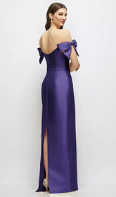 【D883】 シルバードーブのオフショルダーボウが付いたバスクネックのサテンコラムマキシドレス - grape Satin Twill Back View