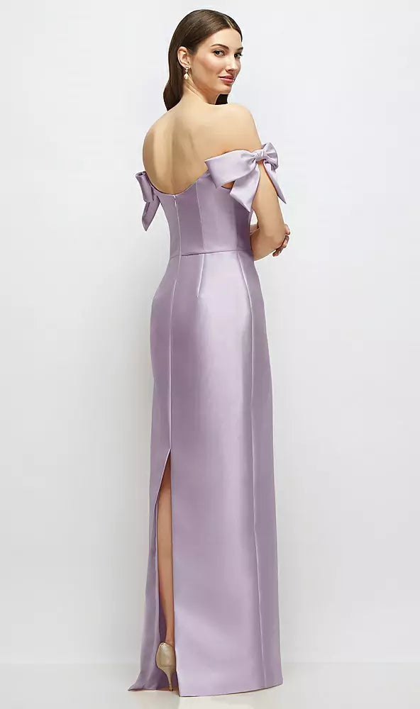 【D883】 シルバードーブのオフショルダーボウが付いたバスクネックのサテンコラムマキシドレス - lilac haze Satin Twill Back View