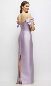 【D883】 シルバードーブのオフショルダーボウが付いたバスクネックのサテンコラムマキシドレス - lilac haze Satin Twill Back View