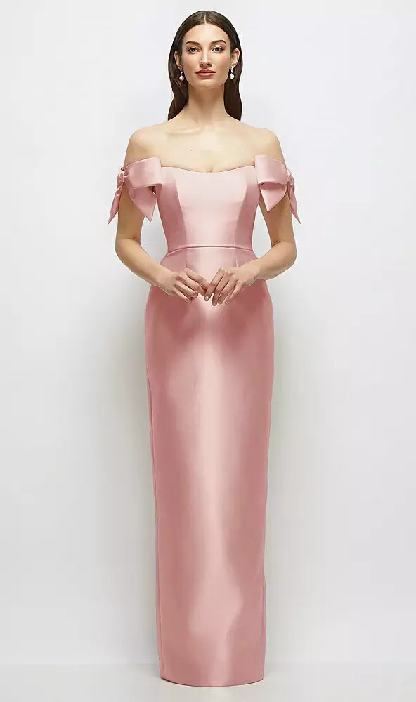 【D883】 シルバードーブのオフショルダーボウが付いたバスクネックのサテンコラムマキシドレス