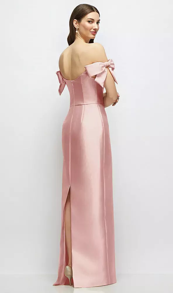 【D883】 シルバードーブのオフショルダーボウが付いたバスクネックのサテンコラムマキシドレス - rose Satin Twill Back View